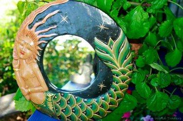 Mermaid Mirror Wall Art Hand Carved Painted Wood Bali Folkart Green