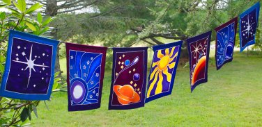 Celestial Sun Moon Star Planet Prayer Flag wall hanging String Bali Batik art