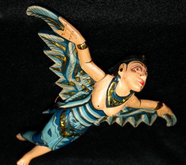 Dewi Sri Goddess Mobile Flying Demon Chaser Carved Wood Bali Folk art teal 8"