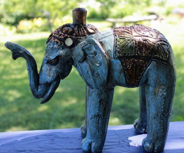 Blue Elephant Statue Figure hand Carved Painted Wood Balinese Art Boho Decor