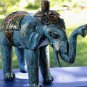 Blue Elephant Statue Figure hand Carved Painted Wood Balinese Art Boho Decor