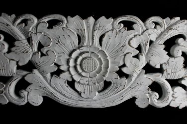 Balinese Lotus Architectural Panel Wall Art Carved Wood Relief Whitewash