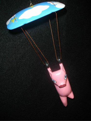 Parachuting Pig Mobile Skydiving Animal carved wood Balinese folk art