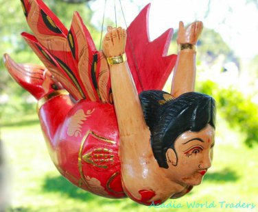 Flying Chubby Mermaid Mobile Goddess Spiritchaser hand carved wood Bali Art Red