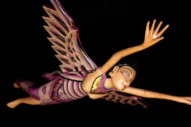 Winged Dewi Sri Goddess Mobile Demon Chaser Carved Wood Bali art Purple 16"
