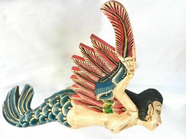 Flying Mermaid Goddess Mobile Demon Chaser Guardian Carved Balinese art Teal 17"