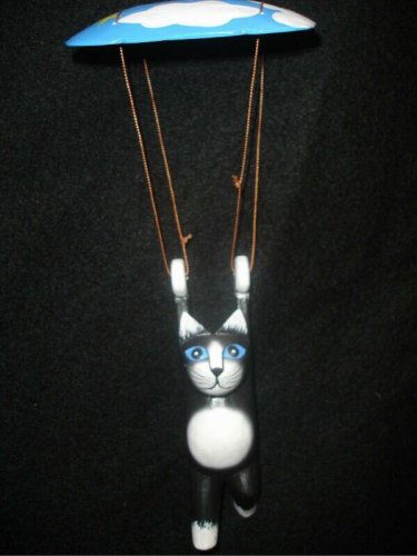 Balinese Sky Diving Black cat Parachuting mobile hand carved wood folk art Bali