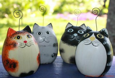 Fat Cat Photo holder Set ornament Hand Carved wood Painted Bali folk art
