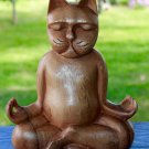 Meditating Yoga Buddha Cat Statue Lotus Pose Wood Carving Feline Balinese Art