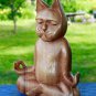 Meditating Yoga Buddha Cat Statue Lotus Pose Wood Carving Feline Balinese Art
