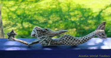 Mermaid star Wall hanging Panel Hand carved wood Bali Nautical art left