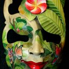 Balinese Abstract Mask Plumeria Garden Goddess Carved painted wood Wall Art