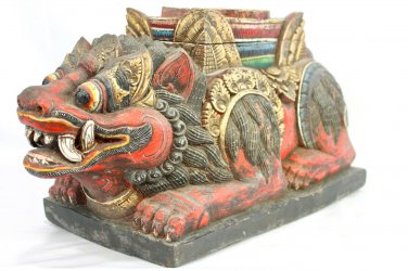 Balinese Singa Lion Statue Temple Offering BOX Polychrome Carved Wood Bali Art