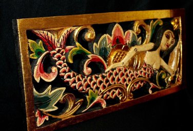Bali Mermaid Relief Panel Hand carved wood Balinese Architectural Wall Art