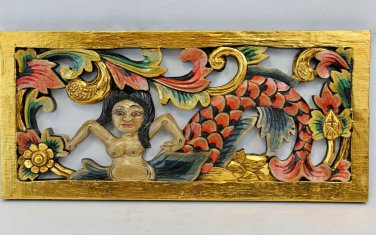 Balinese Mermaid Panel Wall art Sculpture Hand Carved wood painted Architectural