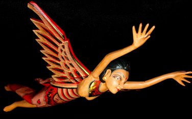 Winged Dewi Sri Goddess Mobile Crib Guardian Carved Wood Balinese art red 16"