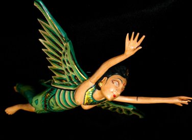 Winged Dewi Sri Goddess Mobile Crib Guardian Carved Wood Bali art green 16"