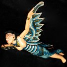 Flying Dewi Sri Goddess Crib Guardian Mobile Winged Carved Wood Bali art Teal 12