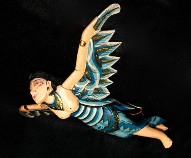 Flying Dewi Sri Goddess Crib Guardian Mobile Winged Carved Wood Bali art Teal 12