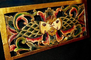 Double Fish Wall art Panel carved wood Balinese architectural Bali Asian Blue