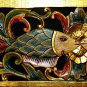 Double Fish Wall art Panel carved wood Balinese architectural Bali Asian Blue