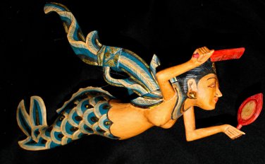 Winged Mermaid Goddess Mobile Crib Guardian Carved Wood Bali Art Teal 17"
