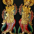 Balinese Peacock Dancers Relief Panel hand carved wood Bali wall art set of 2
