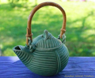 Frog Teapot on Banana leaf handmade Balinese Green Celadon Art Pottery Stoneware