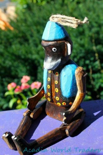 Fez Monkey shelf sitter puppet Ornament Bali Folk art Carved painted wood Blue