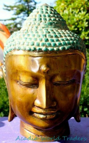 Peaceful Buddha Bronze Bust Statue Balinese art Lost Wax Cast Sculpture Green