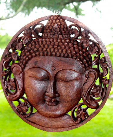 Serene Buddha Wall sculpture Round Panel Hand Carved Wood Balinese art