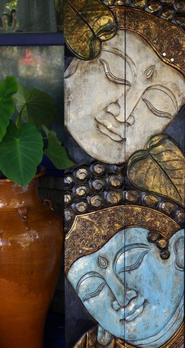 Serene Buddha Wall Panel Folding Screen hand carved painted wood Balinese art