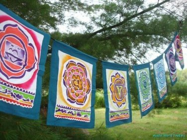 Chakra meditation Prayer Flag Bali Yoga garden banner Balinese Batik Art Teal