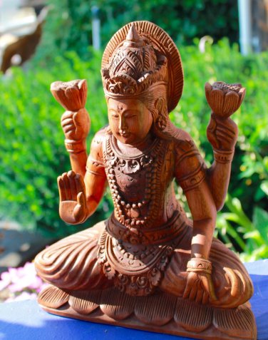 Lakshmi Lotus Statue Goddess Prosperity Carved Wood Bali Hindu Art Sculpture