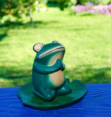 Meditating Buddha Frog Lily Pad Hand Carved wood Painted  Bali Folk Art