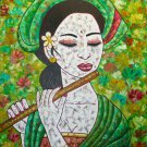 Balinese Women Flute Player Painting Acrylic on Canvas Signed Ubud Bali Art