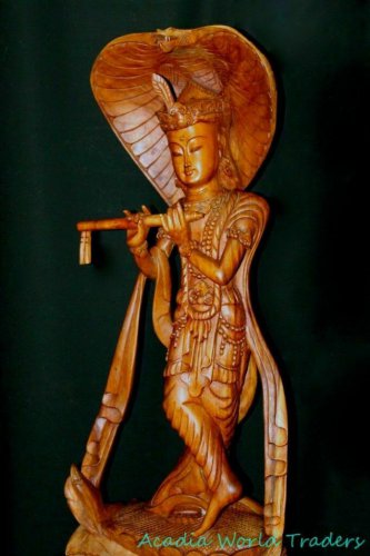 Lord Krishna Statue Flute and Cobra Balinese Wood Carving Sculpture Bali Art