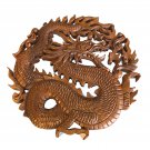 Dragon Naga Bali Wall Art Relief Round Panel Hand Carved Wood Asian Decor 12"