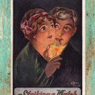 Man & Woman Postcard Pre - Linen Couple In Darkness Striking A Match Postmarked Man & Woman Postcard Pre - Linen Couple In Darkness Striking A Match Postmarked