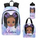 Personalized Blue Black girl Backpack Set, Braided Hair girl school bags
