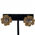 Gold-Tone Floral Clip-On Earrings With Clear Rhinestones Vintage Style