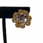 Gold-Tone Floral Clip-On Earrings With Clear Rhinestones Vintage Style