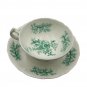 Antique Victorian Era Green Floral Transferware Teacup & Saucer Set White Scallo