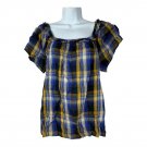 Vince Camuto Womens Plaid Peasant Top Size M Blue Yellow Short Sleeve