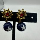 Vintage Nautical Star Clip-On Earrings Gold-Tone Helm Design Navy & White Red