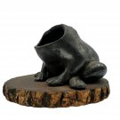 Vintage Cast Metal Frog Ashtray On Wood Base Rustic Robert Emig Style Decorative