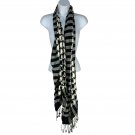 Black & White Striped & Houndstooth Viscose Scarf With Fringe