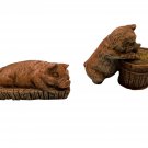 Two Vintage Pig Figurines Farmhouse Terracotta Sleeping Piglet & Pig At Trough