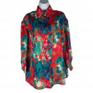 Vintage Abstract Print Button-Up Blouse Size S Polyester Red/Green