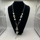 Silver & Pearl Beaded Necklace With Rhinestone Tassel Pendant & Lobster Clasp
